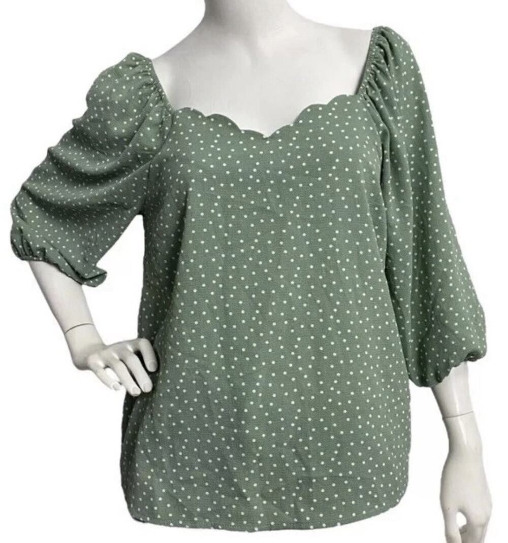 Monteau Women's large Green Polka Dot Scalloped Neckline Blouse cottagecore NWT